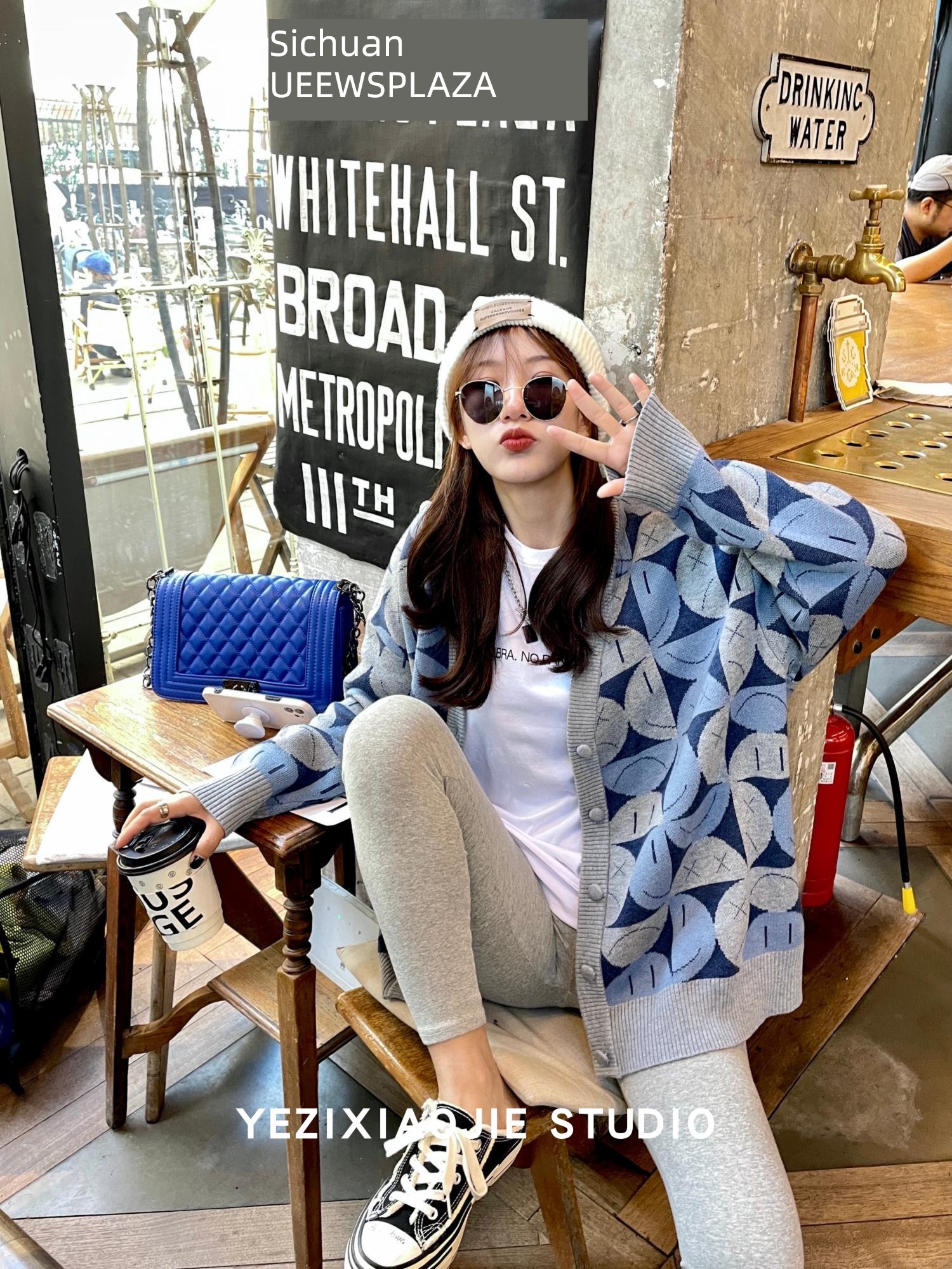 smiling face Cardigan Lazy wind Medium and long term Color matching sweater