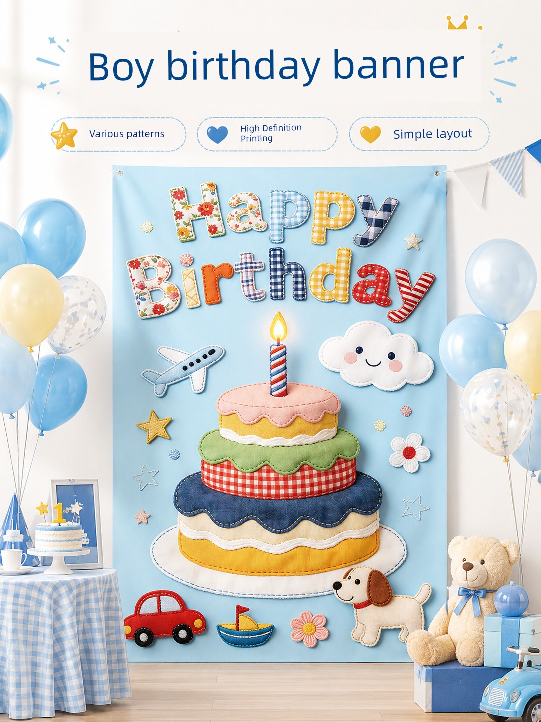 Outdoor Children's Birthday Decoration Scene with Balloons, Banners, and Hanging Decorations for Boys and Girls, Creating a High-End, Atmospheric, and Ceremonial Feel
