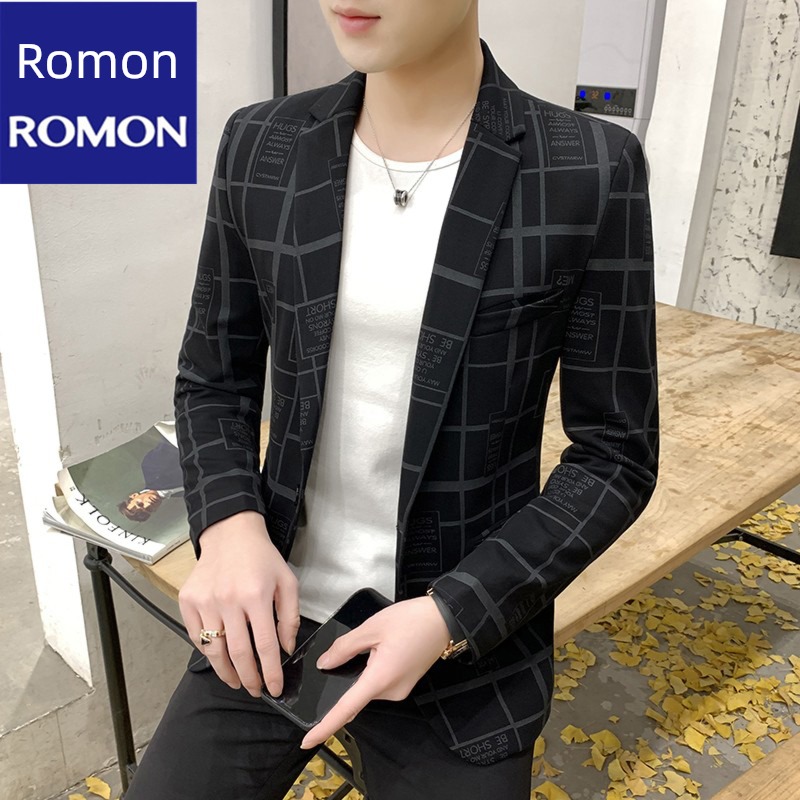 Spring and Autumn Korean version Self-cultivation printing leisure time lattice man 's suit