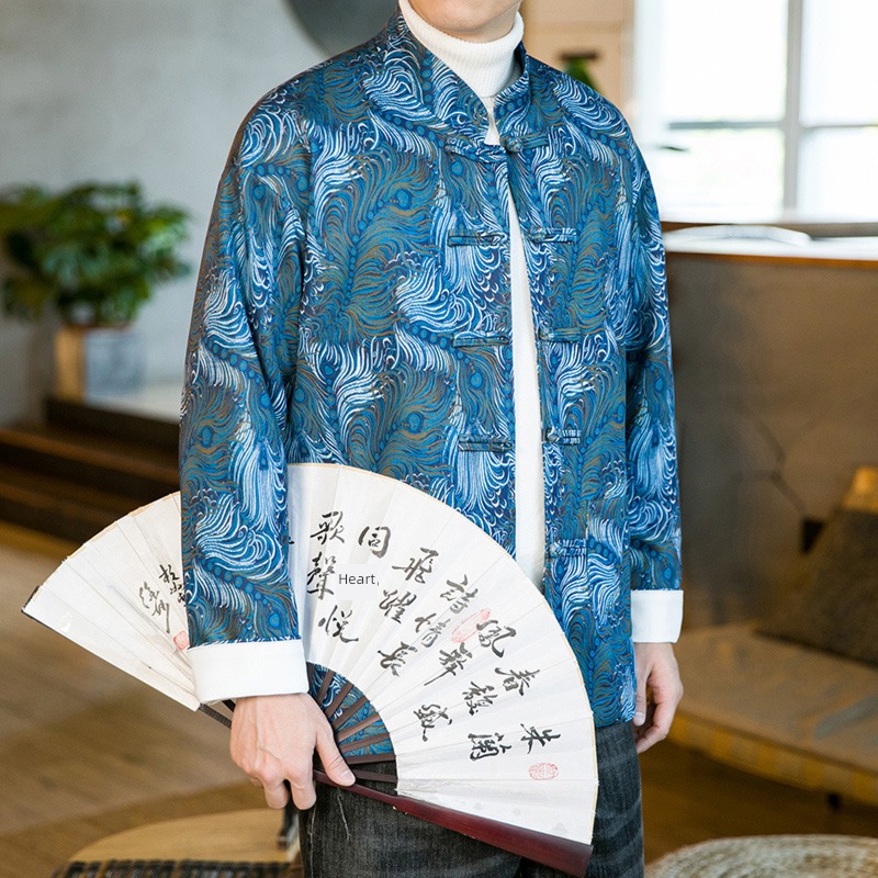 winter Retro men's wear stand collar Tang costume printing Plush nation clothing frog  Jacket Chinese style Big size youth loose coat