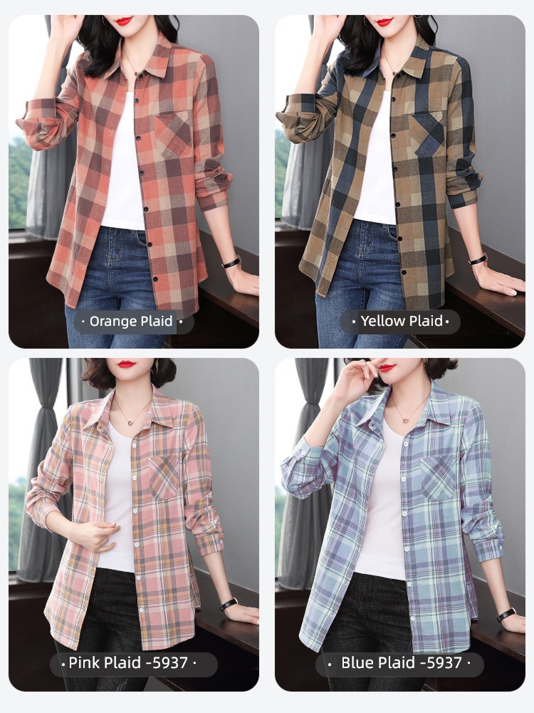 Long sleeve spring and autumn Thin money loose coat Cotton plaid shirt