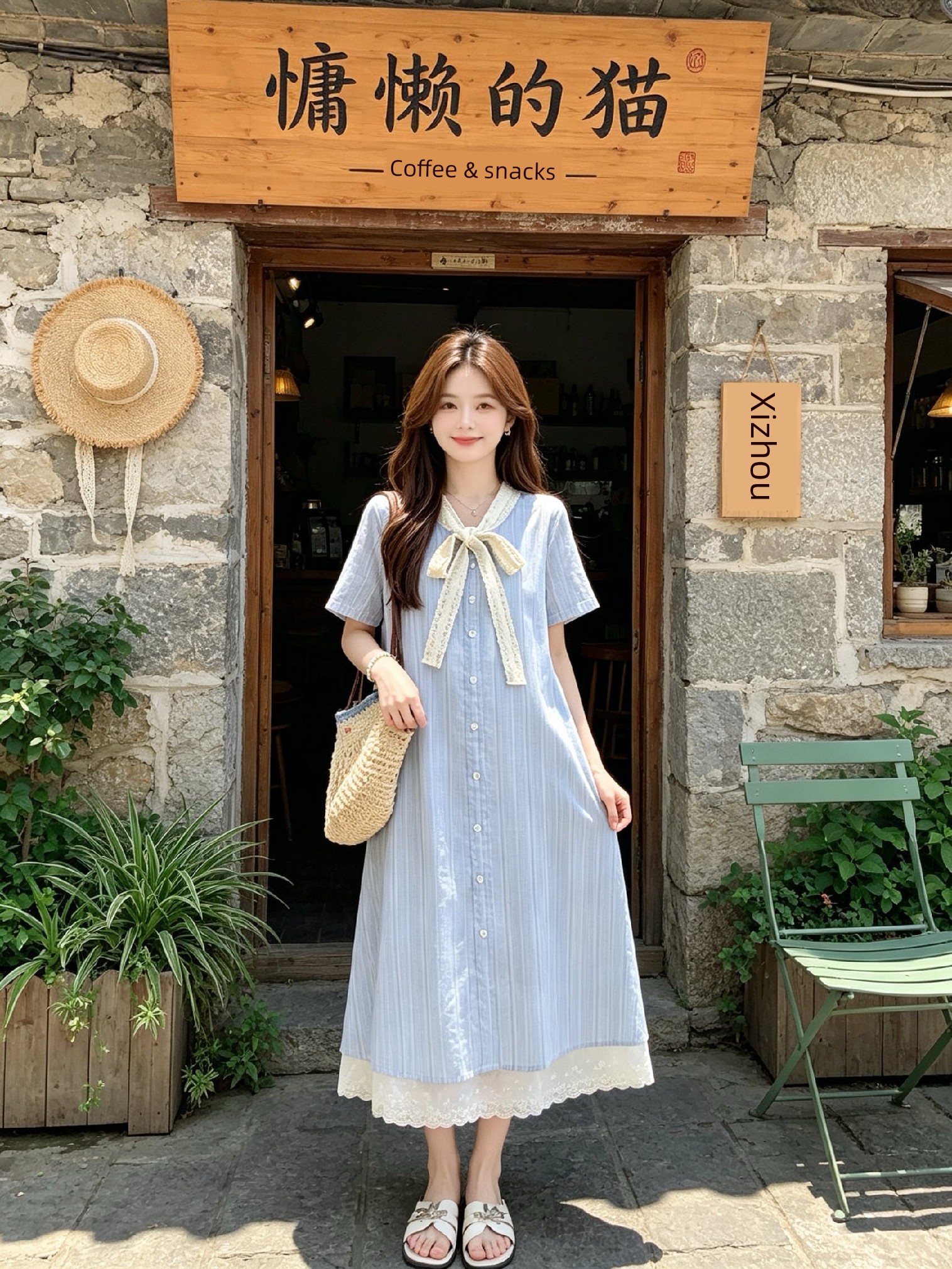 Maternity Dress Summer Thin Style 2026 New Blue Sweet Lace Splicing Short-Sleeved A-Line Dress Mid-Length for Women — 2