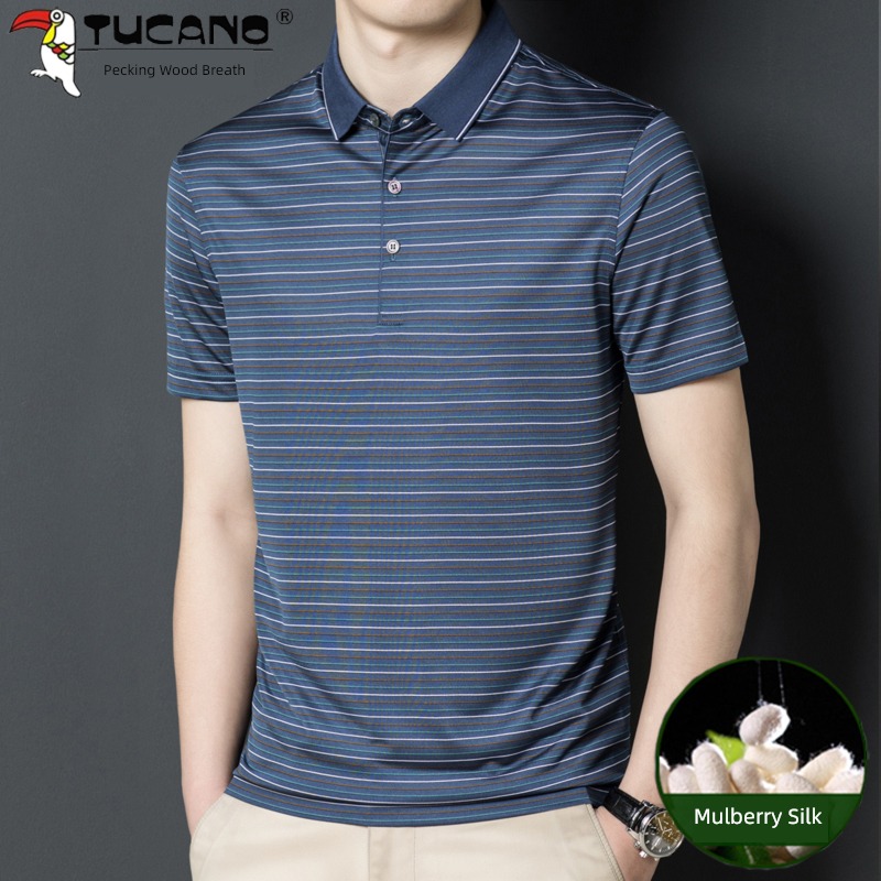 Woodpecker Short sleeve middle age stripe Polo shirt mulberry silk