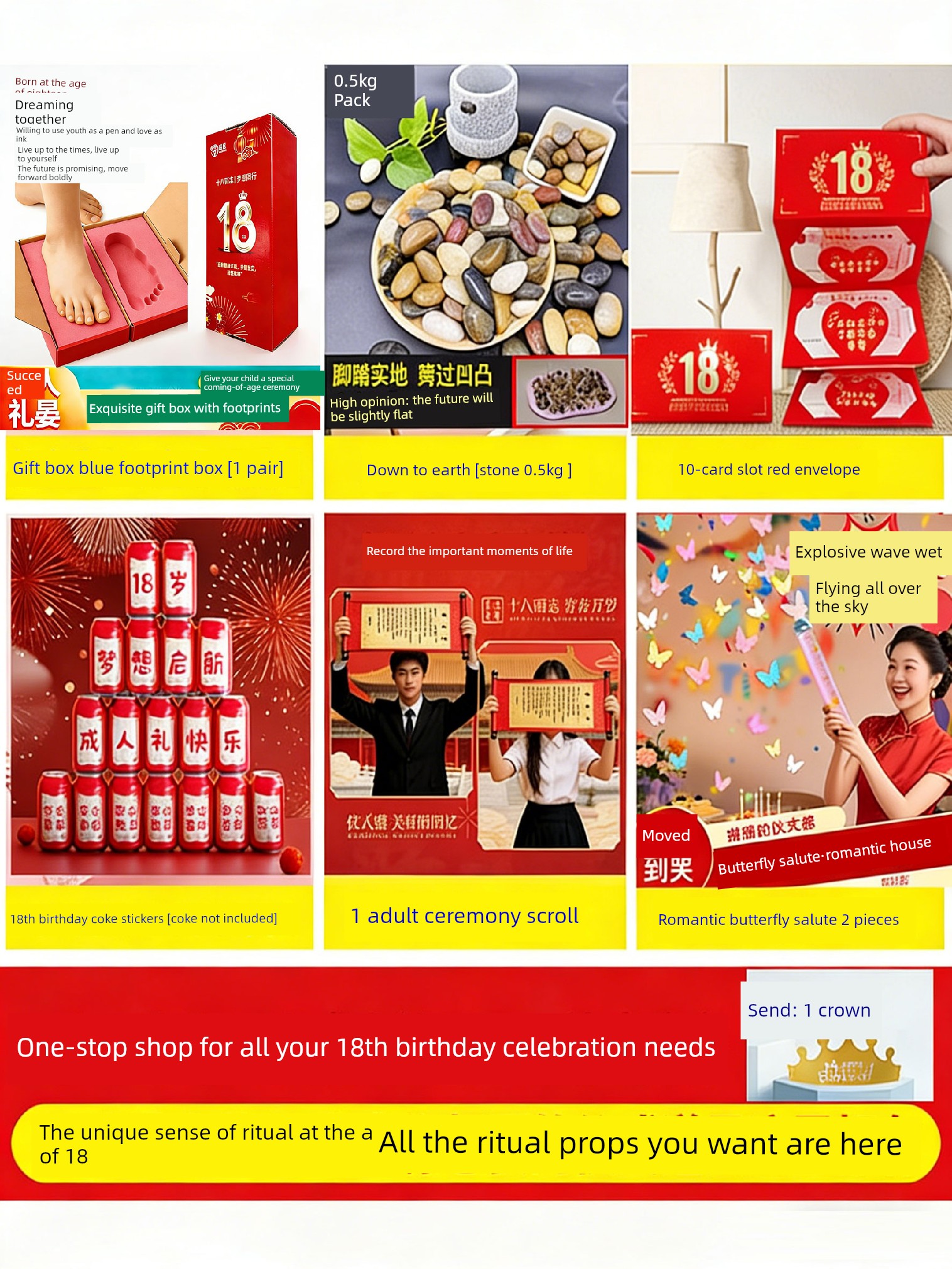 18-Year-Old Adult Gift Birthday Step-By-Step Ceremony Set for Boys and Girls, Red Envelope Full Moon Birthday Props Package