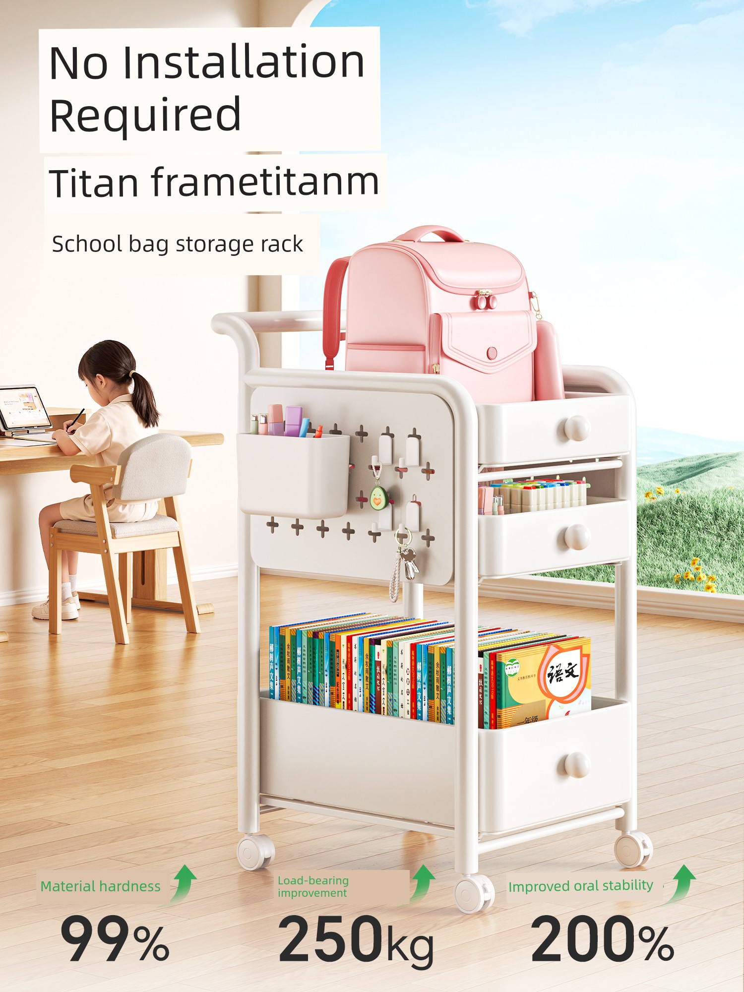 Japanese School Bag Storage Rack, Movable Wheeled Bookshelf, Small Cart, Under-Desk, Multi-Layer Storage Organizer
