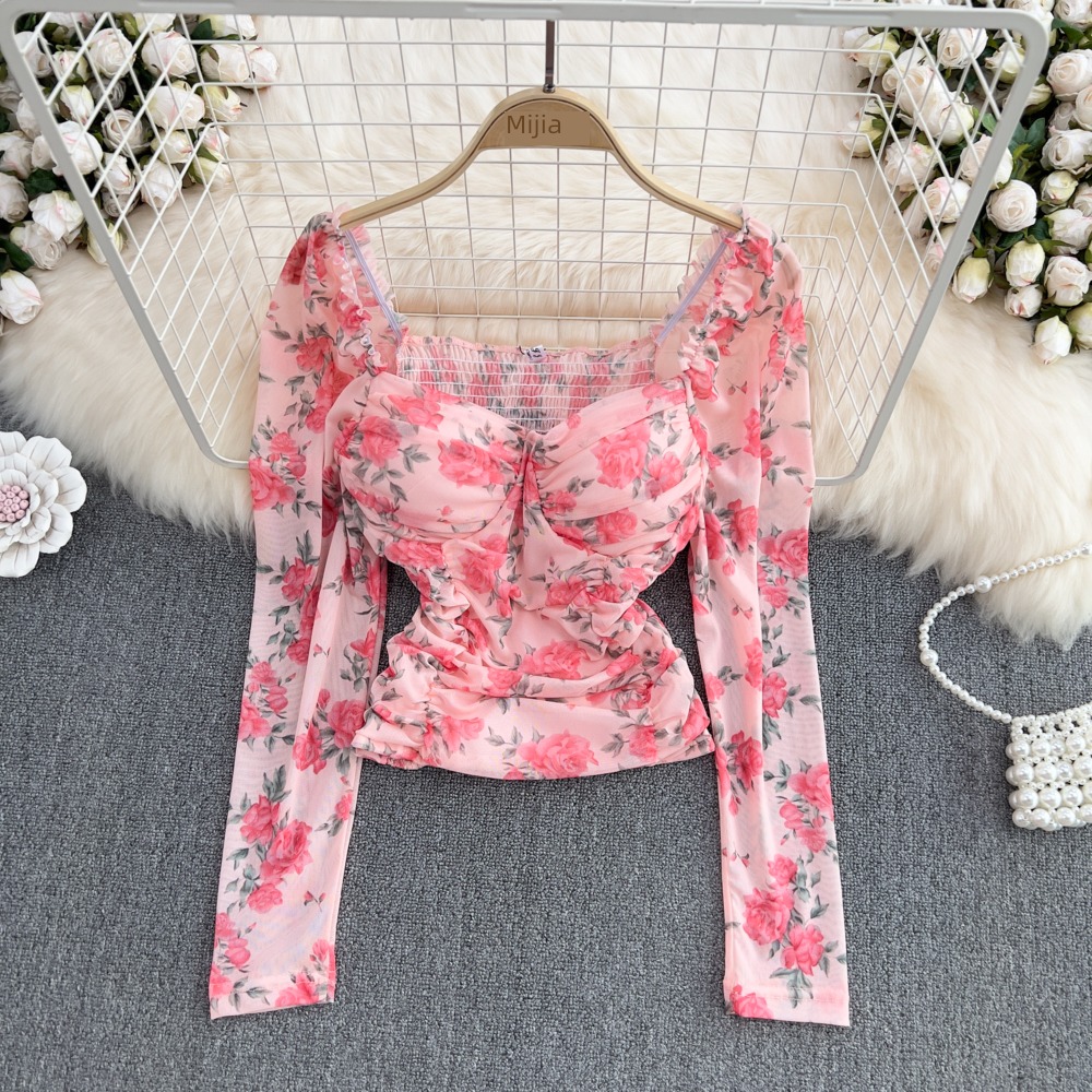 Celebrity sexy hottie Long sleeve square neck fold Gauze
