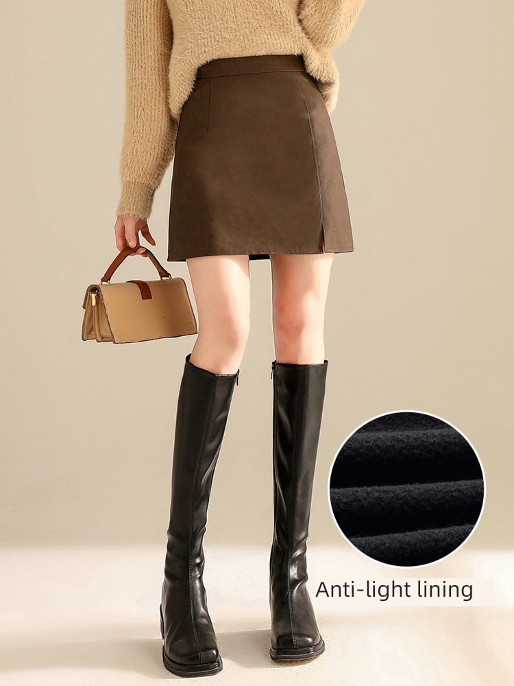 A word Show thin Autumn and winter brown Buttocks Small leather skirt