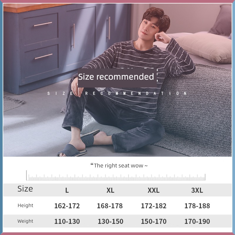man Autumn and winter Flannel thickening Two piece set pajamas