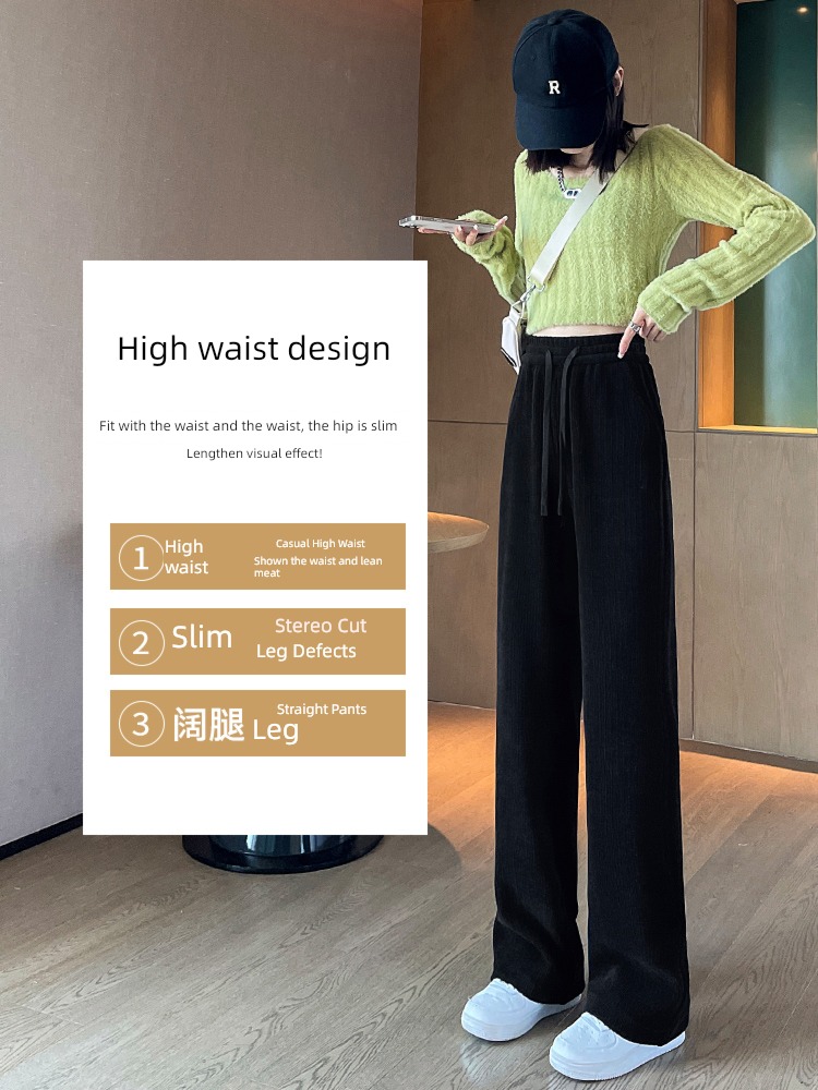 chenille  Spring, autumn and winter High waist black Plush Wide leg pants