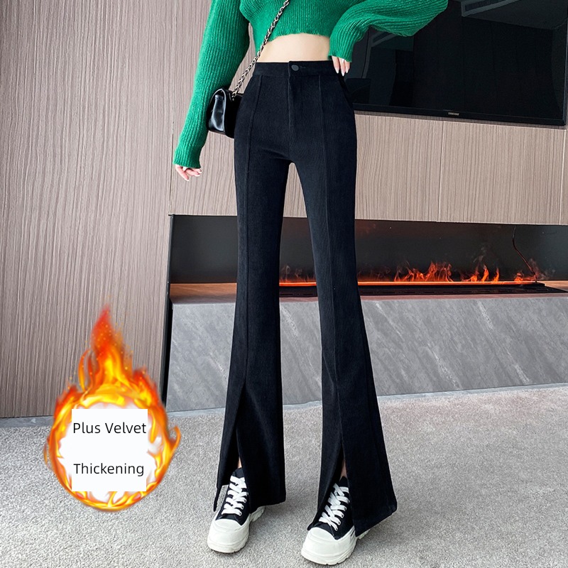 corduroy Wide leg pants female Autumn and winter new pattern Plush thickening Straight cylinder Show thin Mopping Micro horn trousers leisure time trousers