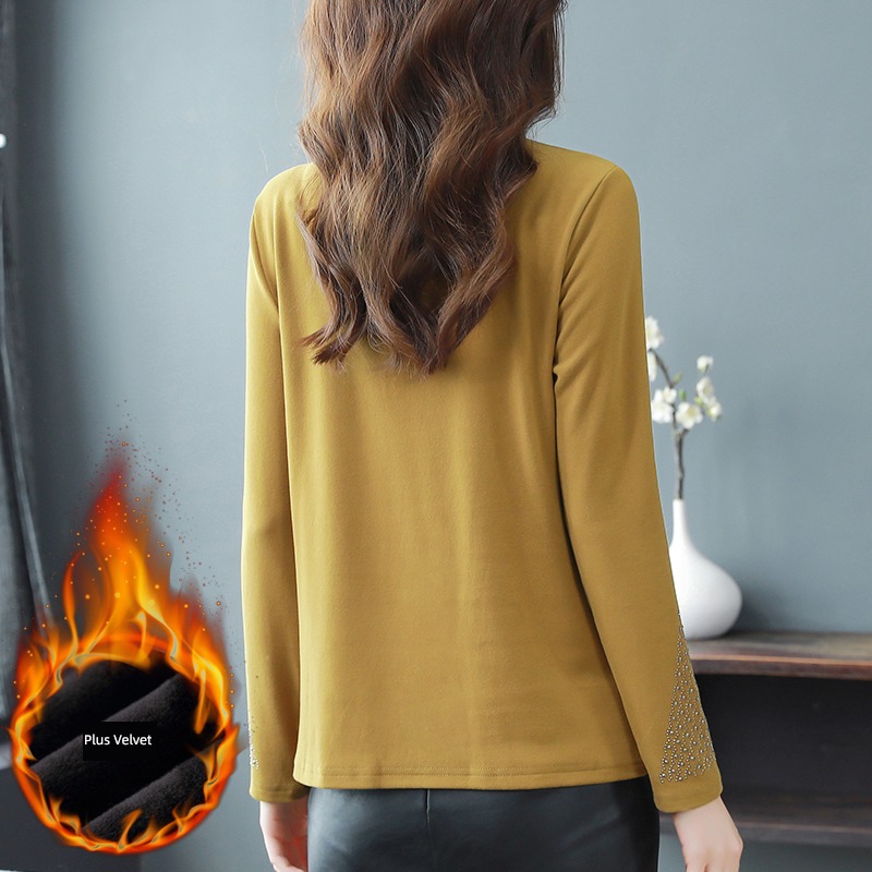 Plush thickening Derong Undershirt female Long sleeve Autumn and winter 2022 new pattern Foreign style keep warm Inner lap T-shirt Hot drilling jacket