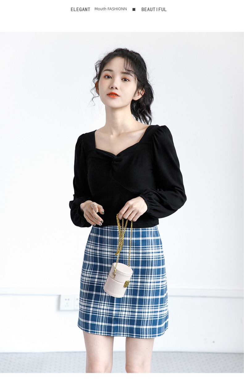 spring and autumn French Exposed navel square neck jacket Long sleeve T-shirt