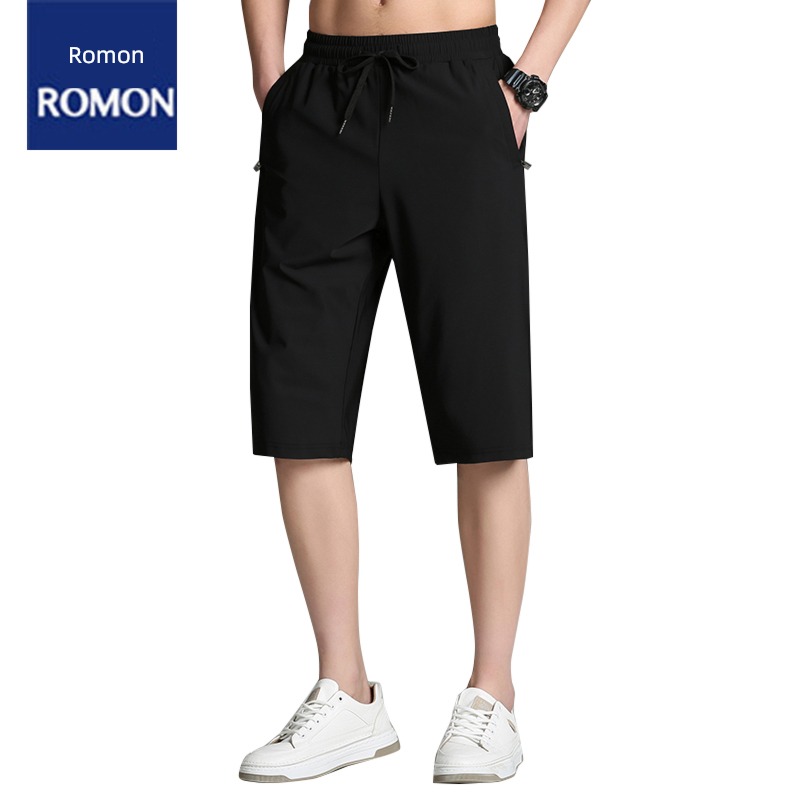 Romon Ice silk elastic force Big size leisure time quick-drying Cropped Trousers