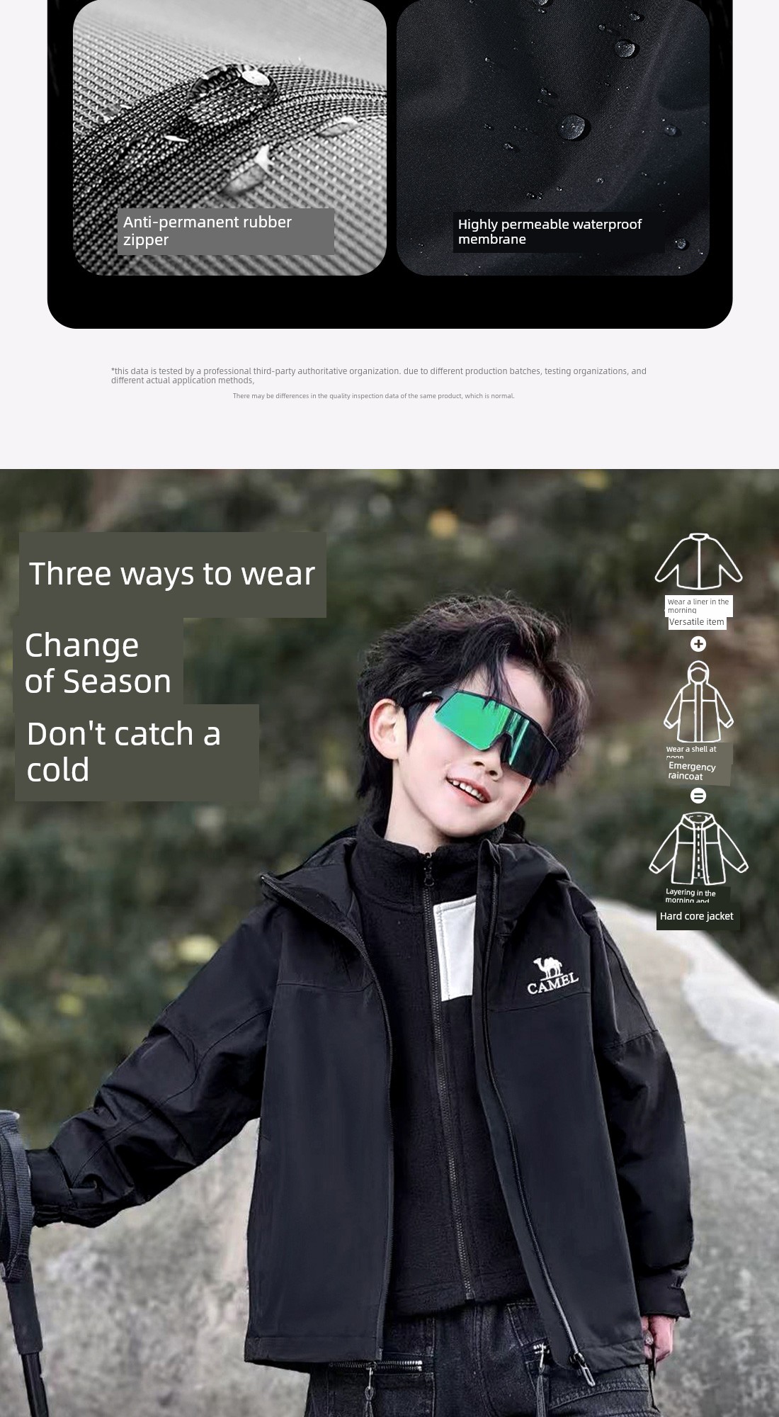 Camel Brand Children's 3-in-1 Windproof and Waterproof Mountaineering Jacket for Older Children, Parent-Child Matching Outfit, Girls' and Boys' 3-in-1 — 11