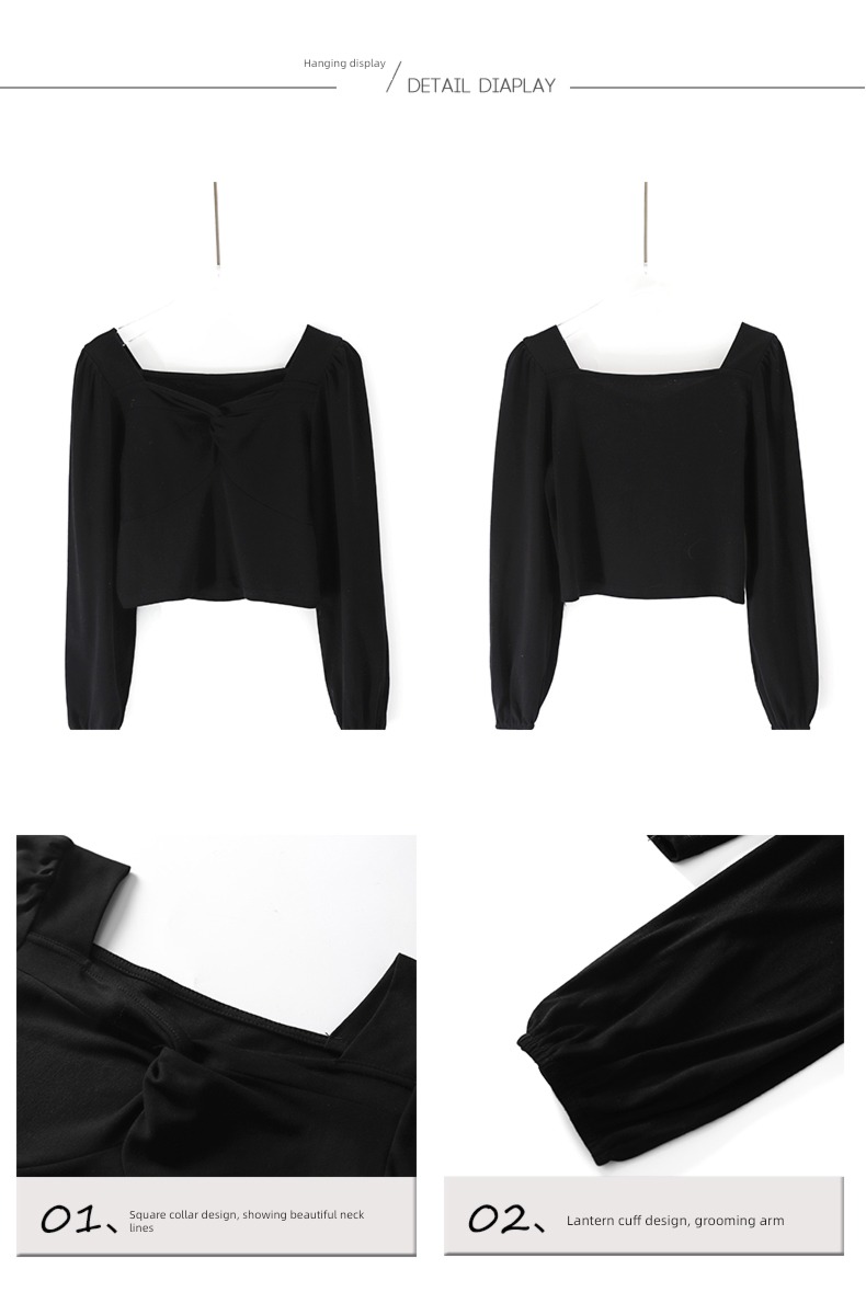 spring and autumn French Exposed navel square neck jacket Long sleeve T-shirt