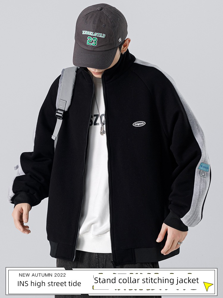 spring and autumn Color contrast Splicing stand collar men's wear Jacket loose coat