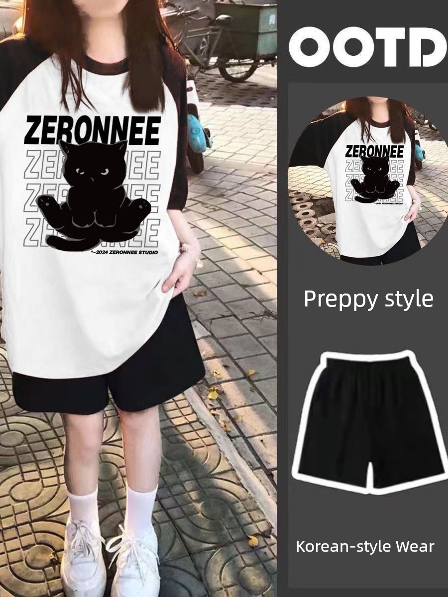 Girl Wear New Arrival Summer Two-Piece Suit Loose Short Sleeve T-shirt Top Sports Knee Length Shorts Ins Children's — 4