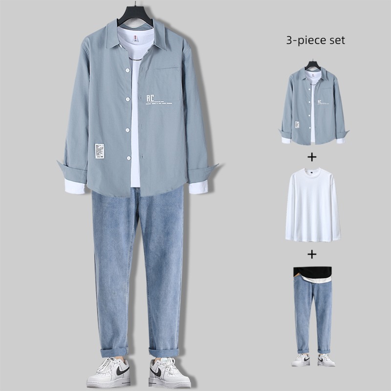 leisure time Straight cylinder Jeans a set collocation Long sleeve shirt