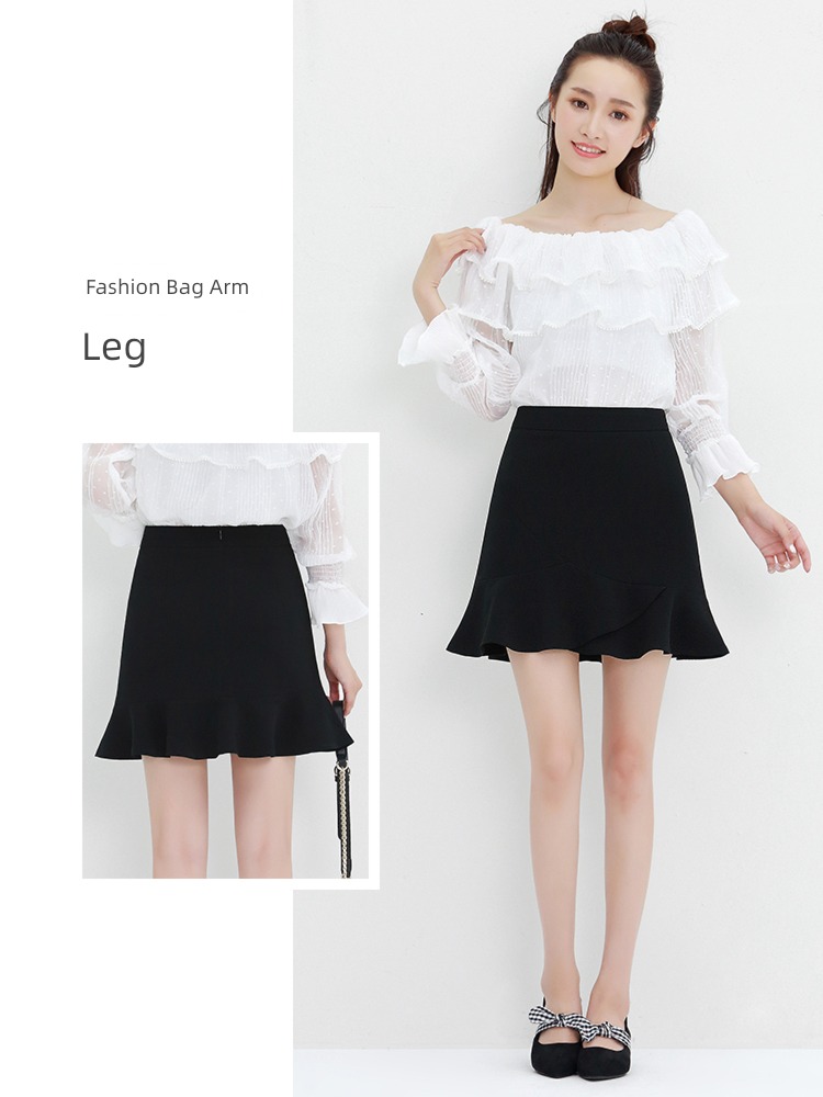 Autumn and winter Ruffles High waist Spring and summer Buttocks Fishtail skirt