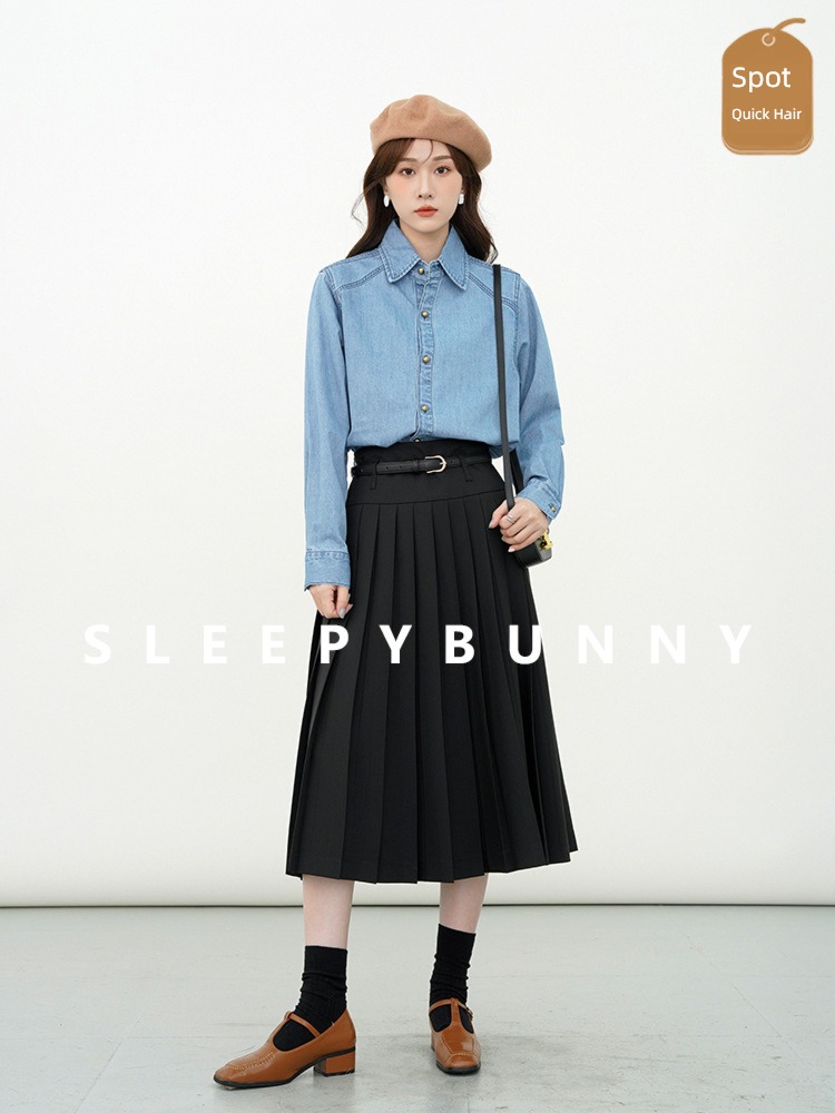 Sleepy rabbit blue Retro easy Long sleeve cowboy shirt