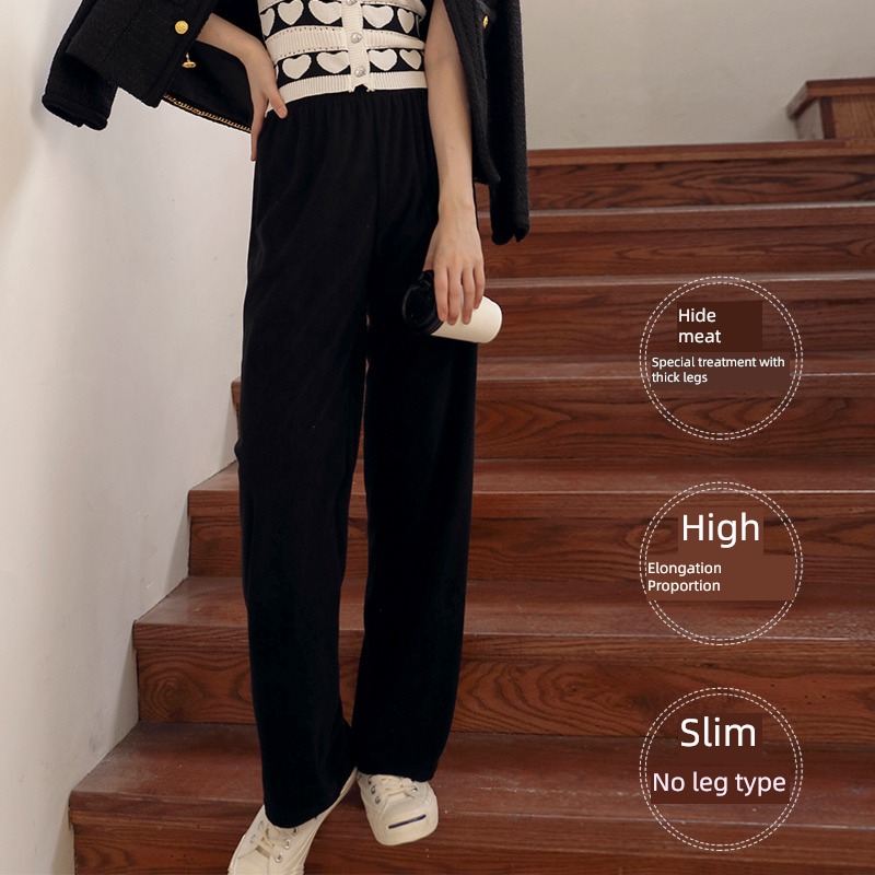 Amy's love black corduroy Wide leg pants female Autumn and winter High waist Sagging feeling Casual pants thickening Lamb cashmere Straight pants