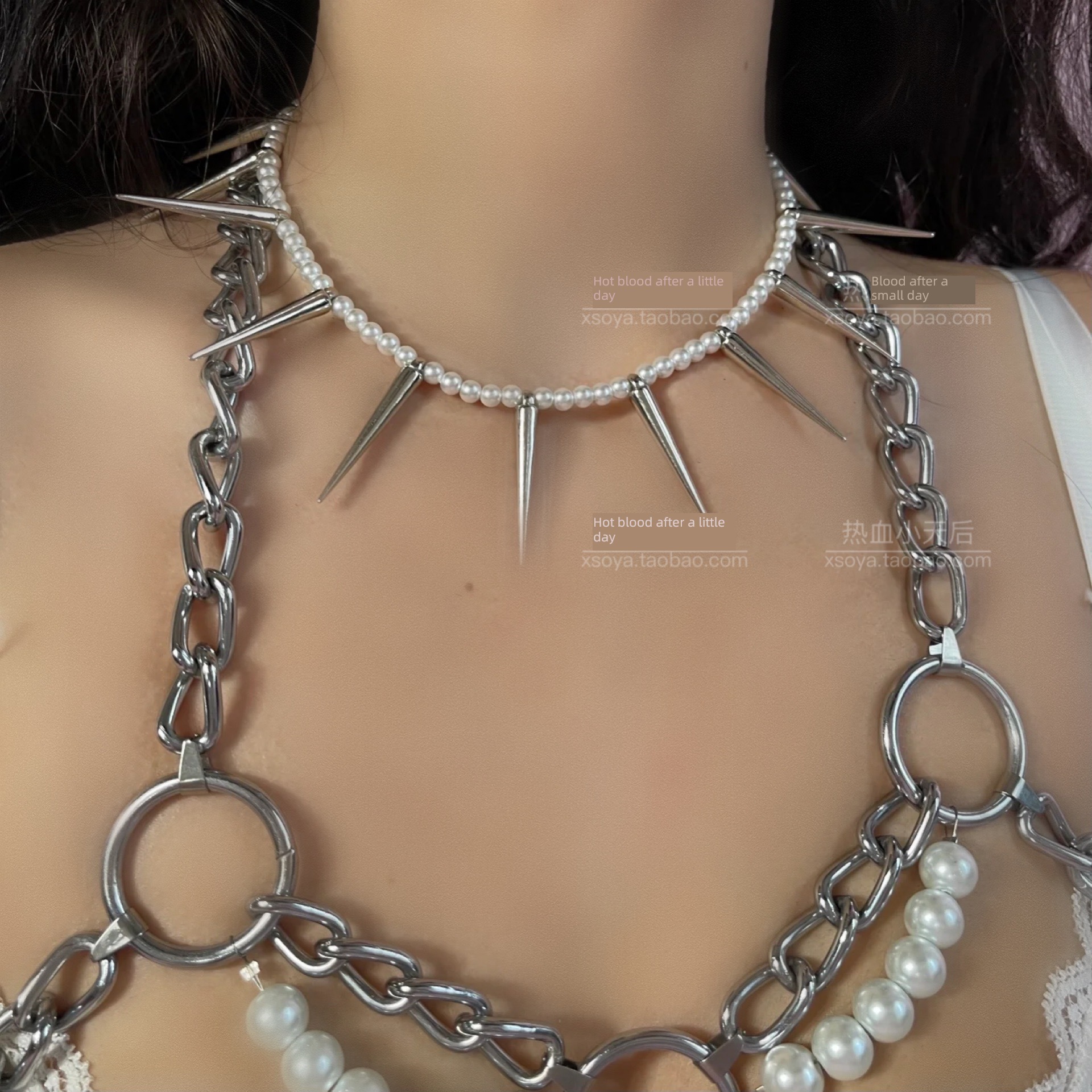 warm blood Days after plate with silver rivet Splicing Necklace Imitation pearl