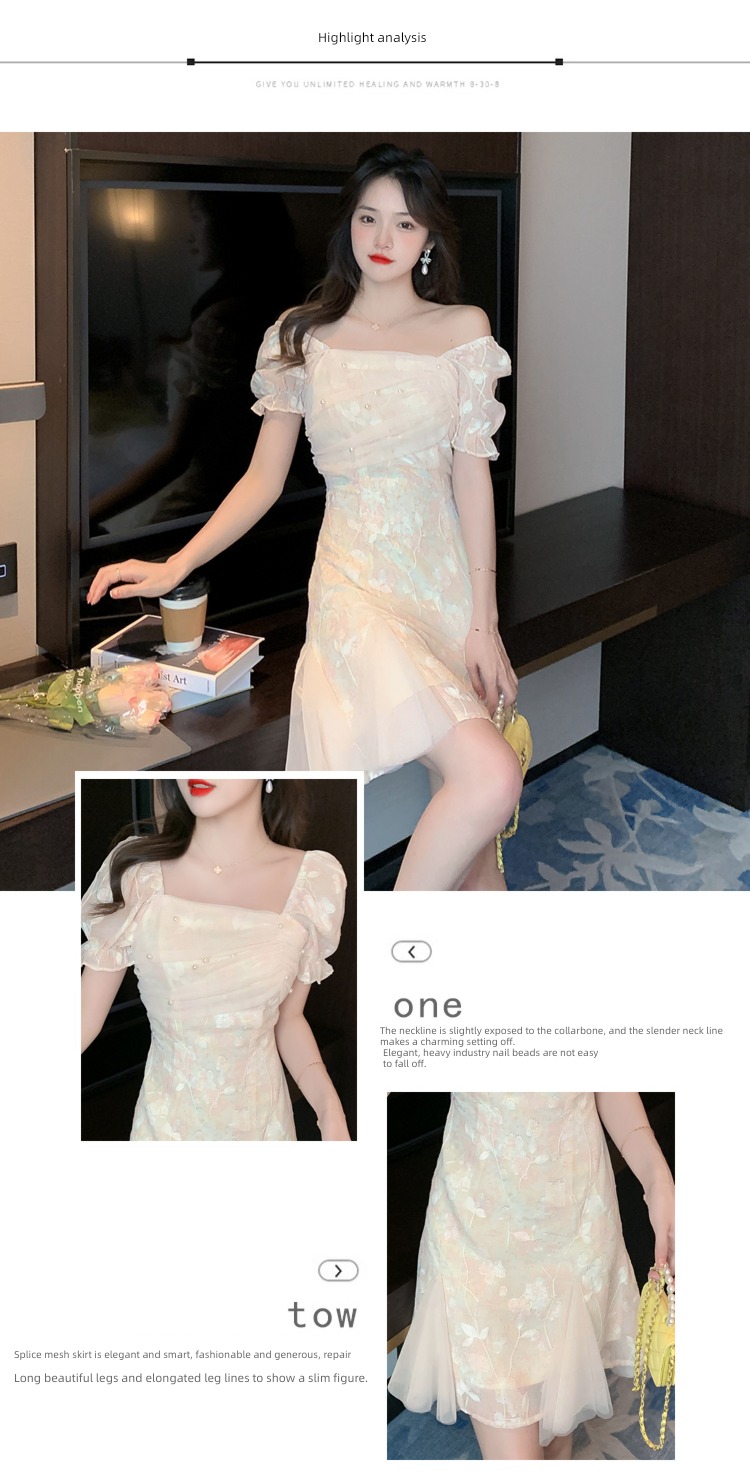 Light luxury grace temperament Nail bead fish tail Dress Short sleeve