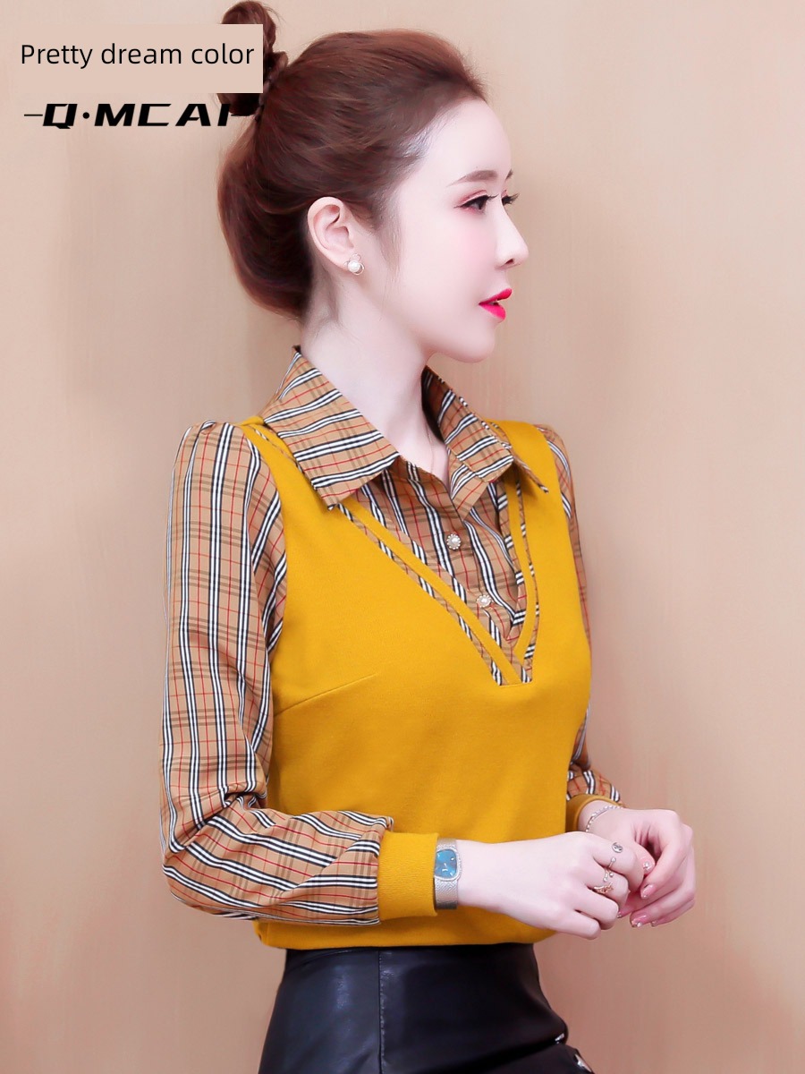 Long sleeve Well done! good-looking Fake two Overlapping wear lattice shirt