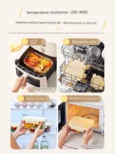 Little Bear Glass Lunch Box Microwaveable Lunch Box Bento Box Fresh-Keeping Box for Office Workers and Students with Com