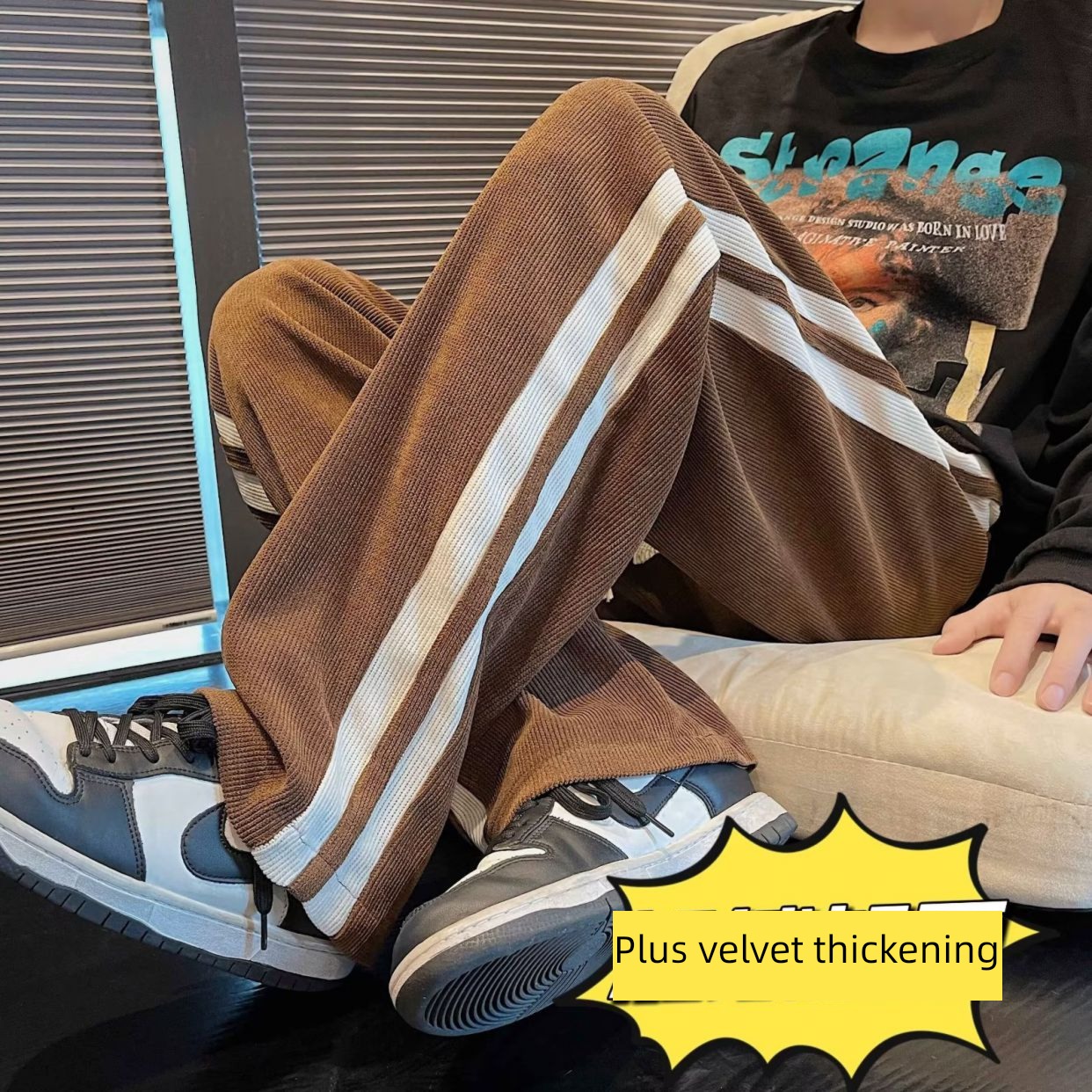 Plush stripe winter Sense of design leisure time Straight pants