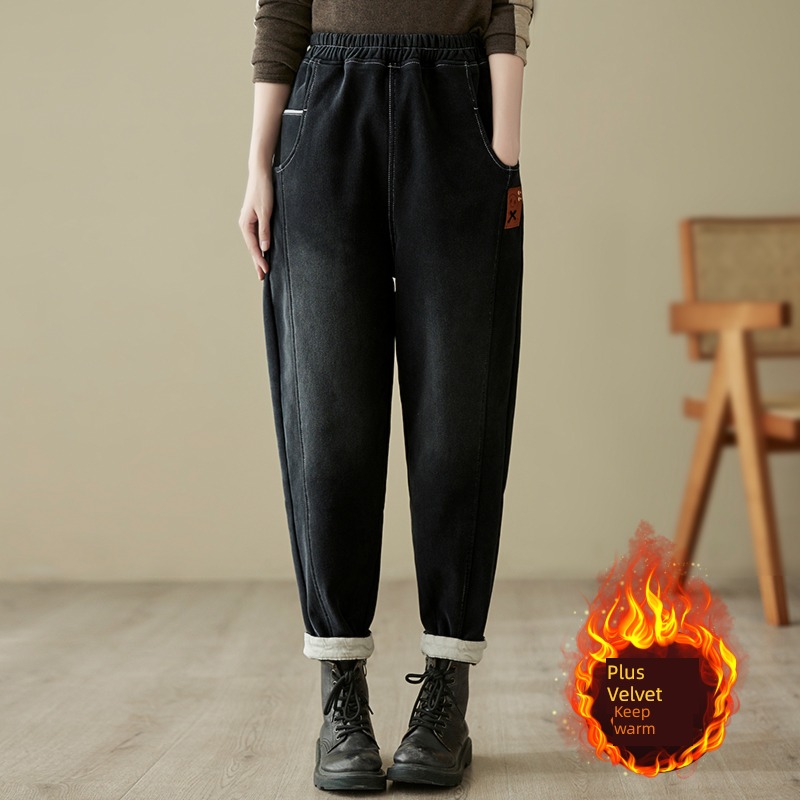 High waist Plush Jeans female Velveteen winter 2022 new pattern ma'am thickening trousers Big size radish Haren pants
