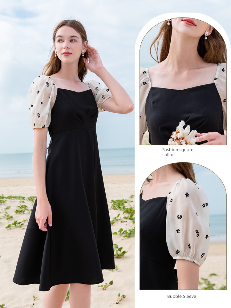 Fragrant shadow square neck Minority puff sleeve black Dress