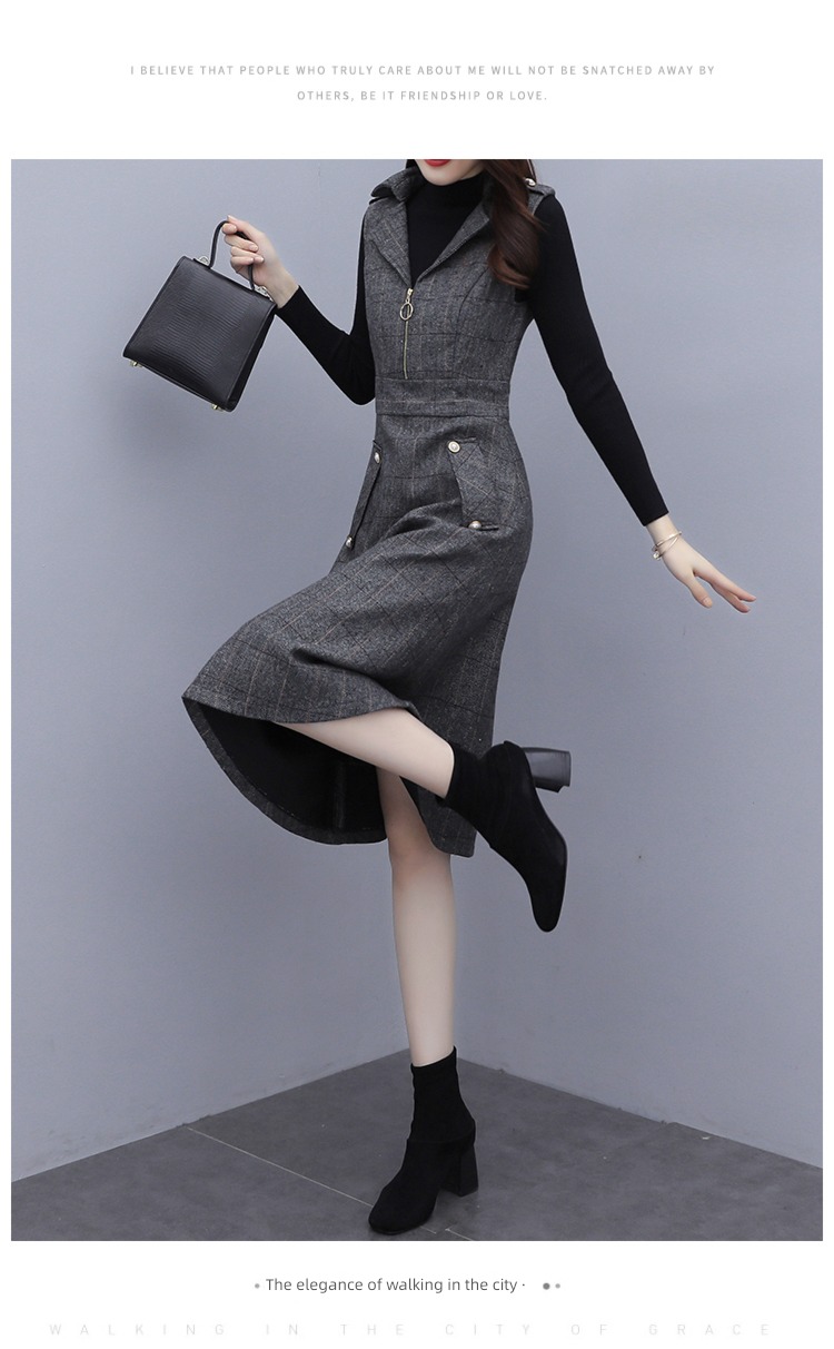 Autumn and winter Wool lattice Close your waist Show thin Dress suit