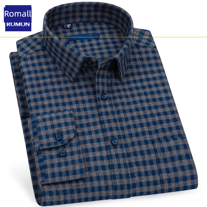 Romon middle age lattice leisure time Cotton Long sleeve shirt
