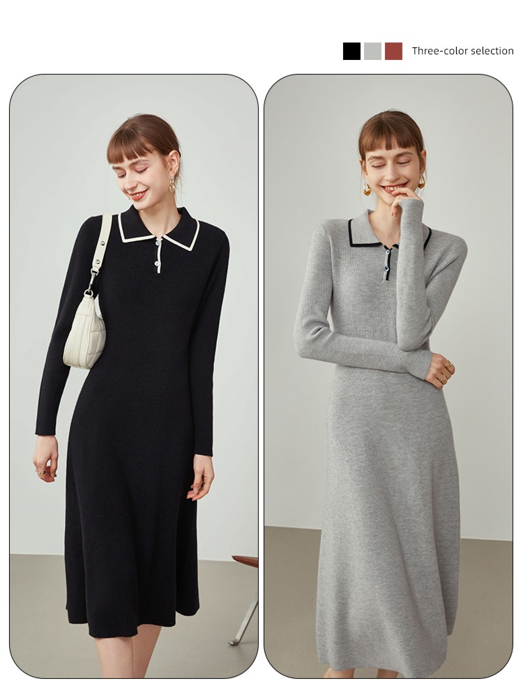 Van schlan Polo collar Self-cultivation knitting Dress
