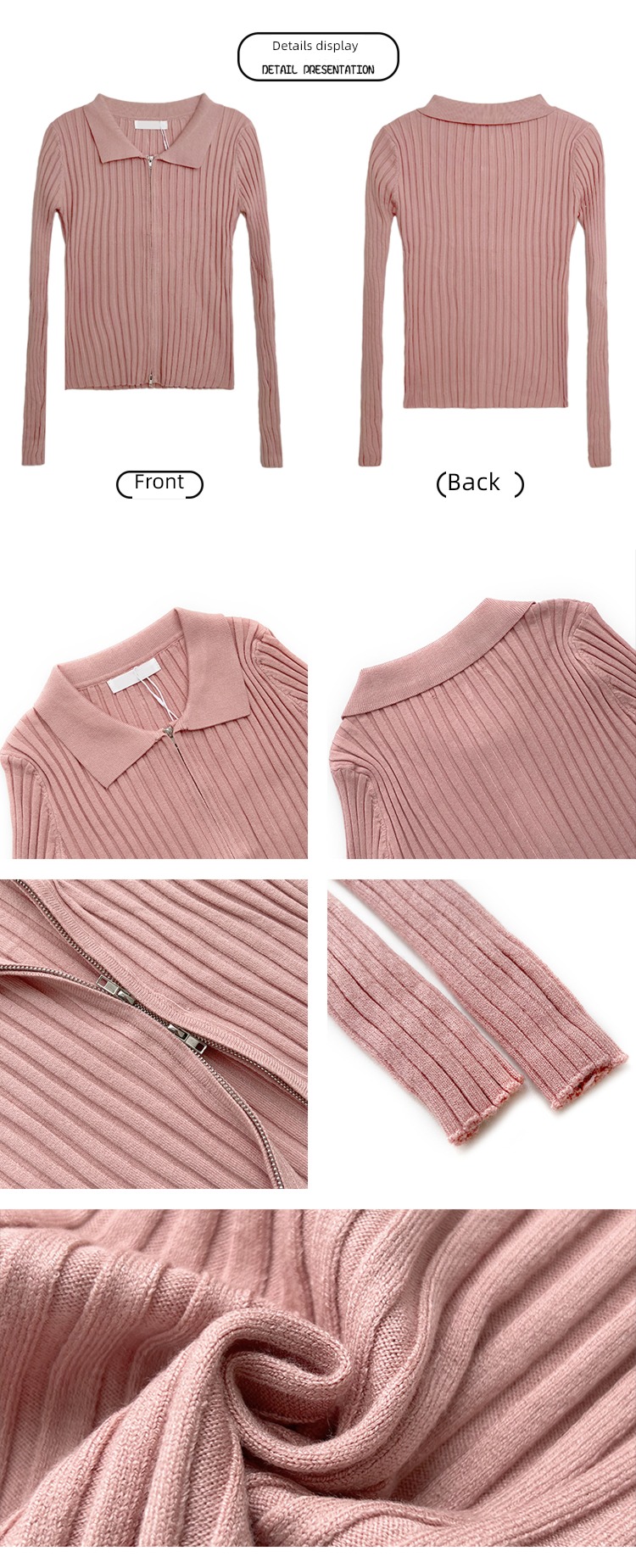 RENA Core spun yarn Double headed zipper Lapel knitting Cardigan