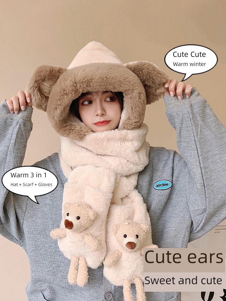 lovely Bear Ears female winter Plush scarf Hat