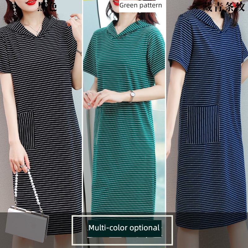 pure cotton stripe Dress middle age mom Cap T-shirt