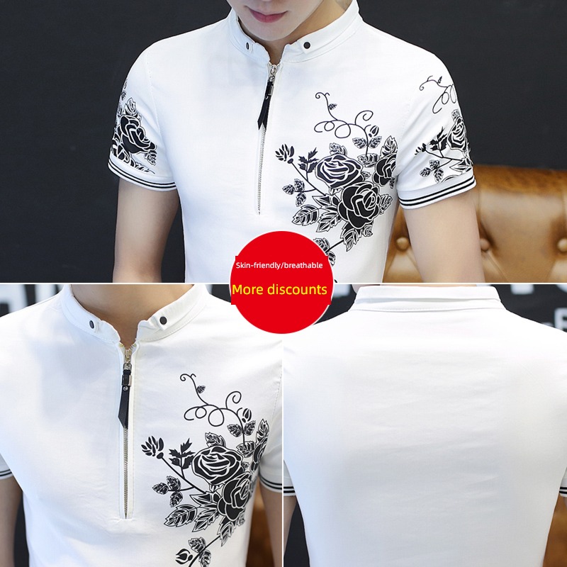 man stand collar trend Self-cultivation Undershirt Short sleeve T-shirt