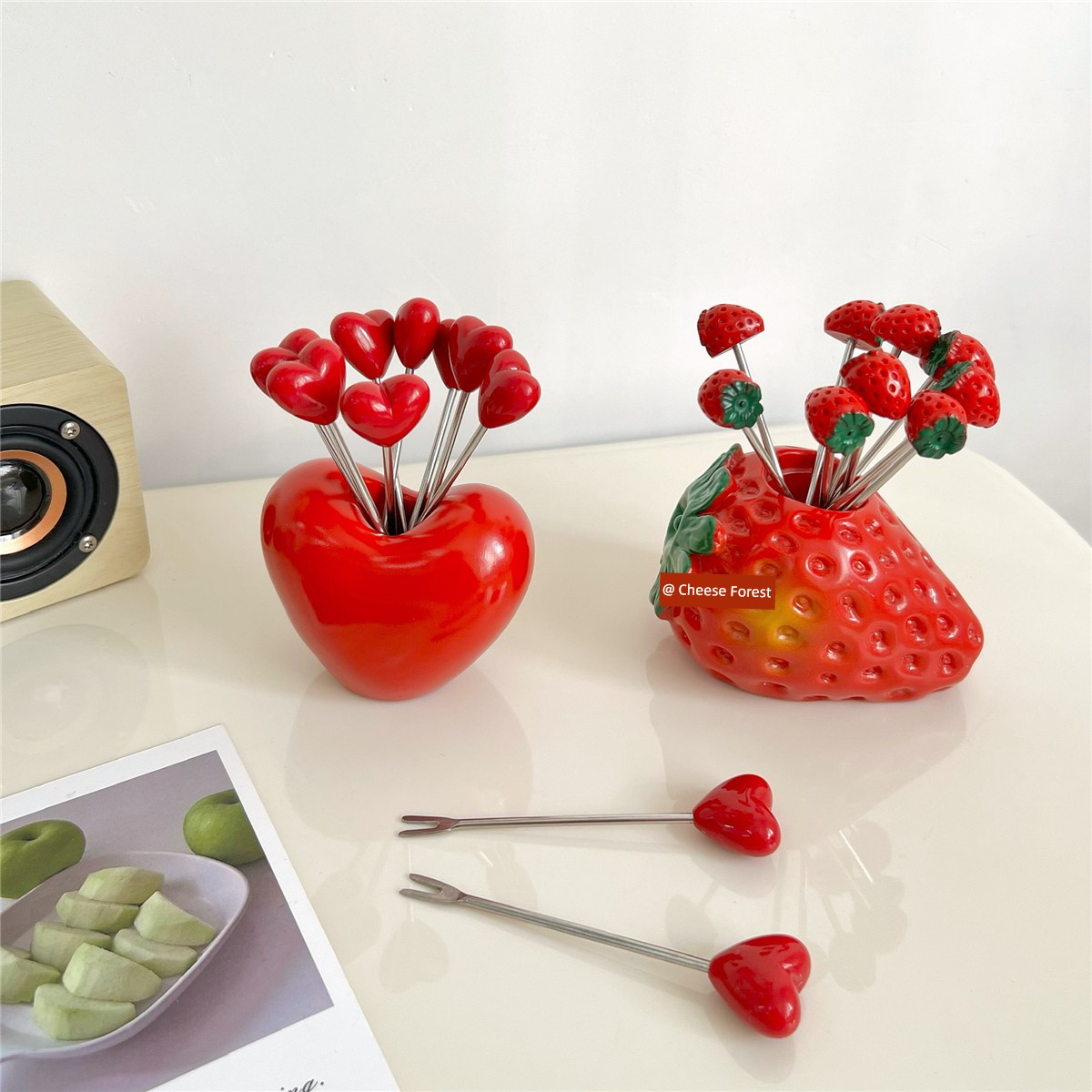 創意愛心草莓水果叉水果簽西餐厛可愛食品叉子環保不鏽鋼家用竹簽