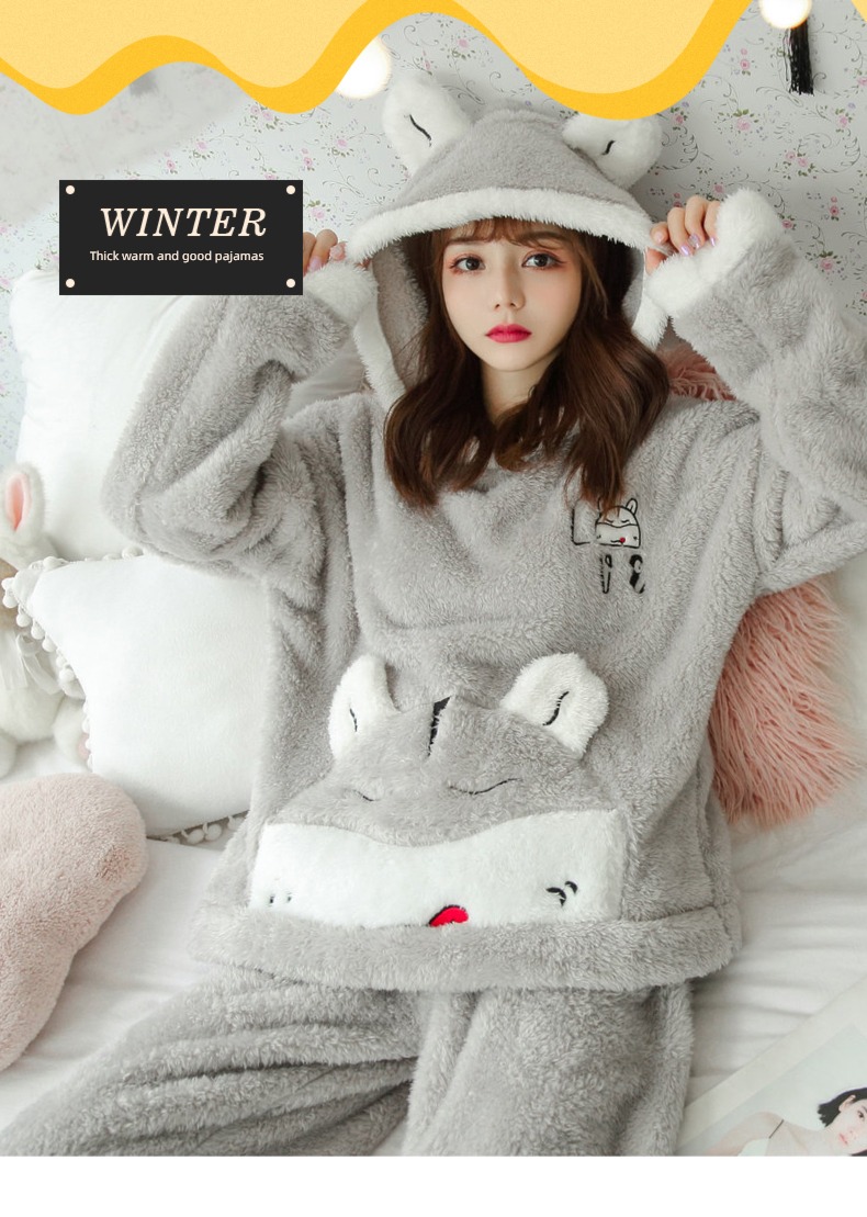 winter Spring and Autumn female grey keep warm Flannel pajamas