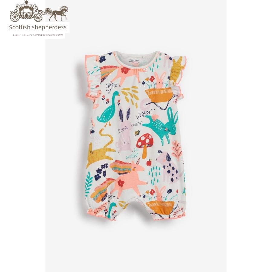 In-Stock Next Children's Clothing for Girls, Pink Floral Bird Print Sleeveless Short-Sleeve Romper Jumpsuit — 9