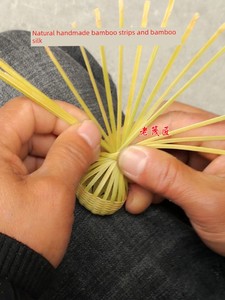 Handmade Bamboo Silk Sachet with Bells, Natural Bamboo Strips, Green and Yellow Bamboo Strips, Grasshopper Cage Bamboo W