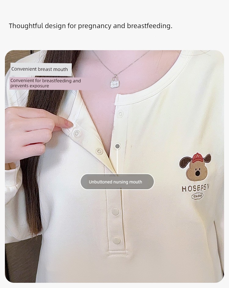 Free Hat with Winter Maternity Wear, Pure Cotton Nursing Pajamas, Spring and Autumn Postpartum All-Season Maternity Loungewear Set — 9