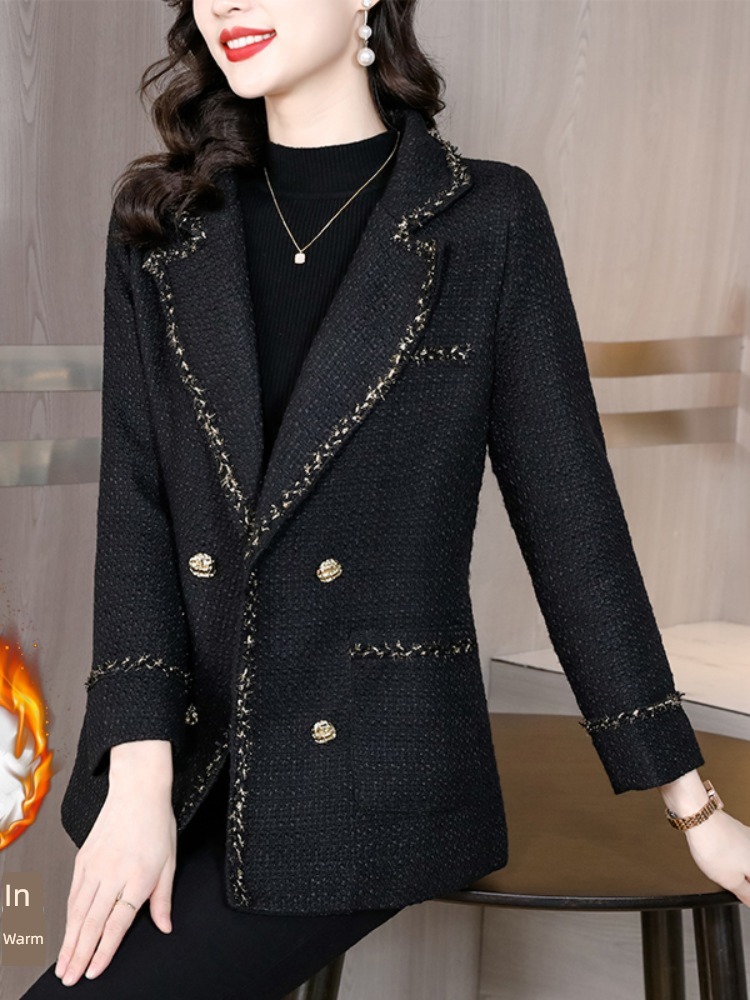 black Wool suit loose coat female winter 2022 new pattern temperament Self-cultivation thickening Tweed Blazer  jacket