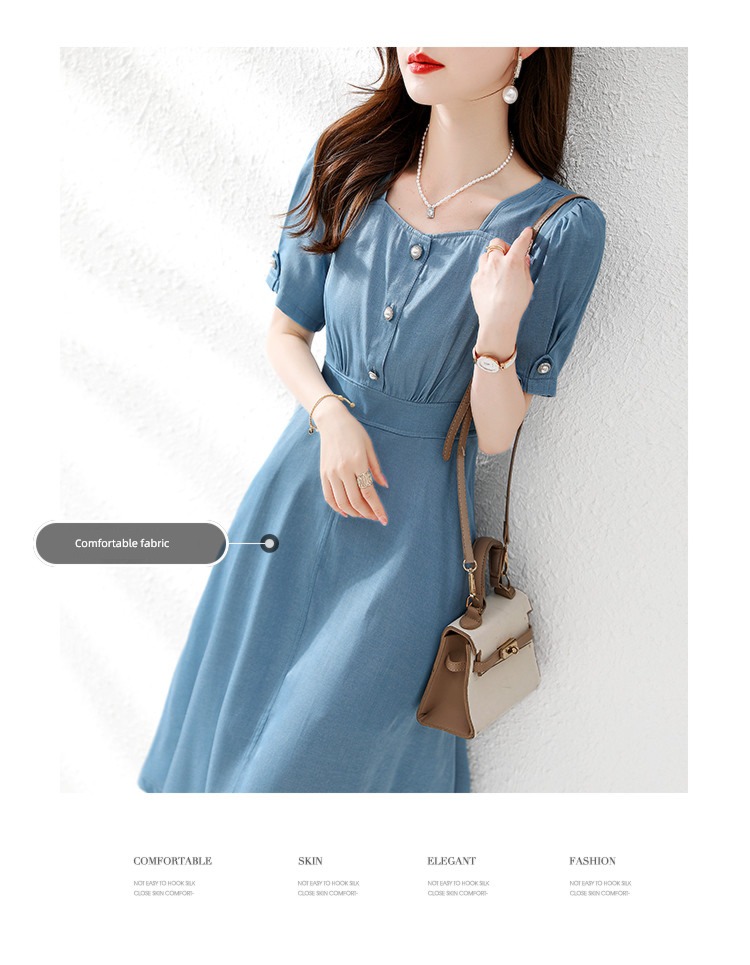Tencel summer Show thin temperament square neck cowboy Dress