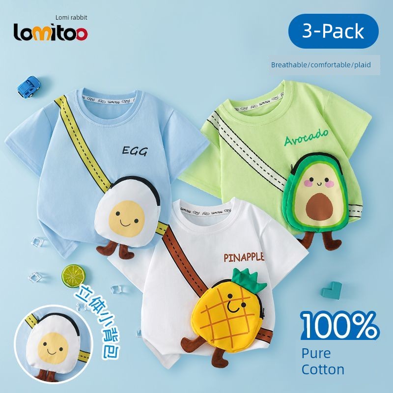 Girl Short Sleeve T-Shirt Pure Cotton Summer Boy Baby Clothes Watermelon Fruit Cute Pocket Kids Tops Children's Clothing — 3