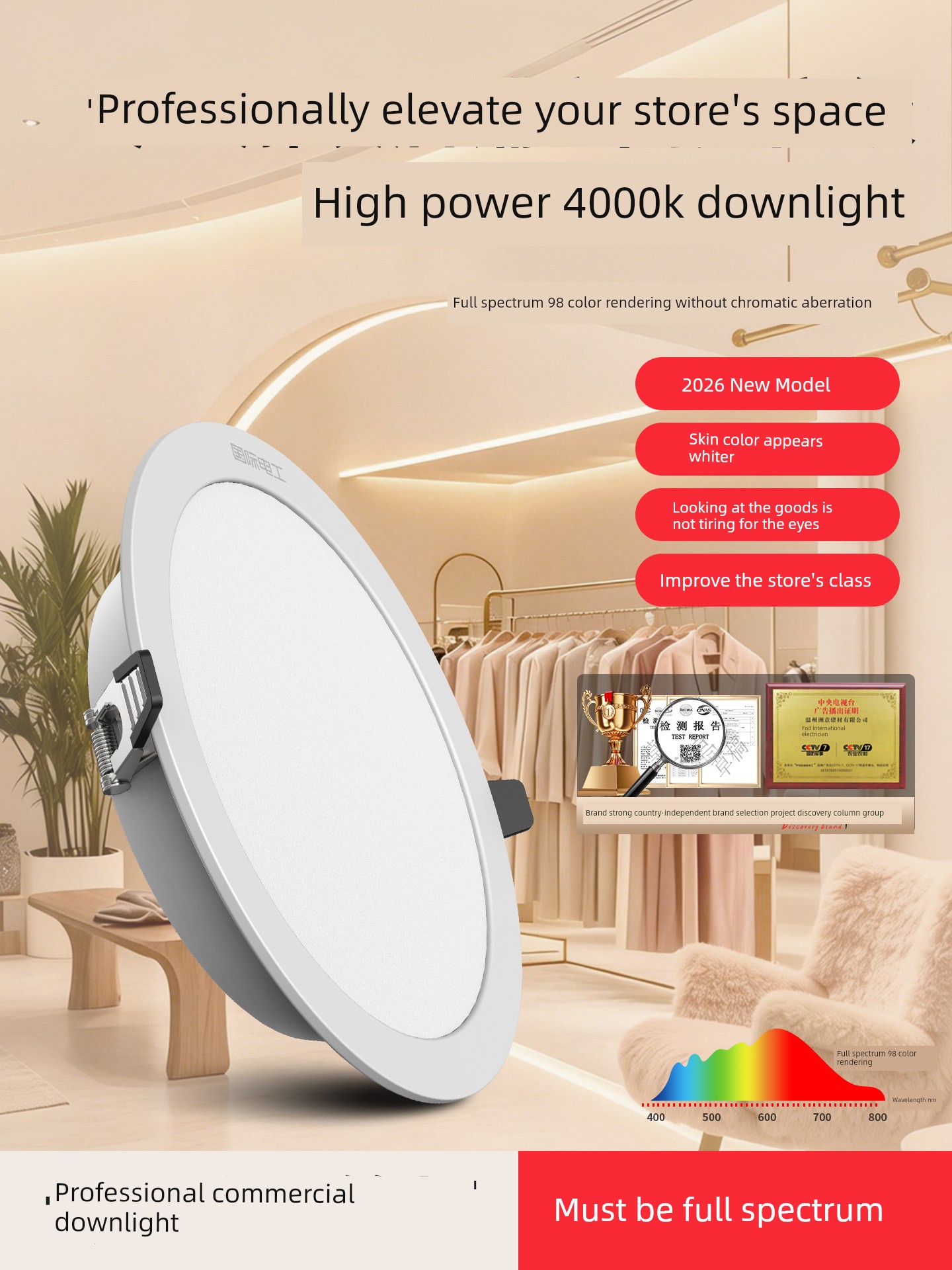 Full Spectrum Ultra-Thin Led Recessed Downlight with Opening Size of 3.5 Inches, 4-6 Inches, 10cm, 12cm, 9cm, Specifically for Clothing Stores