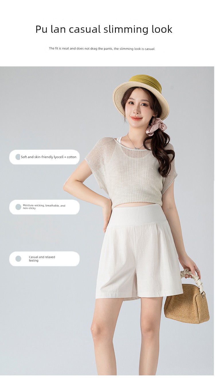 Maternity Shorts, Summer Thin Style, Elastic High Waist, Suitable for Pre and Postpartum, Tencel Cotton, Side Pockets, Wide-Leg, Outerwear, Maternity Pants — 9
