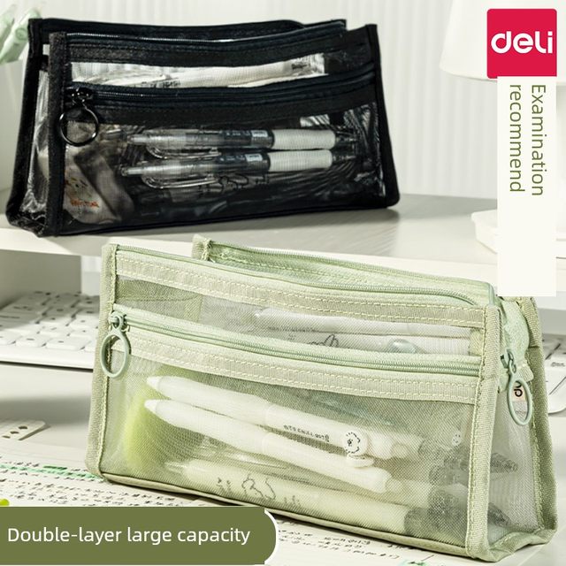 Deli triangular mesh pencil bag large capacity high appearance INS style simple transparent double-layer student exam zipper stationery bag junior high school girls portable pencil bag 2025 new storage bag boy